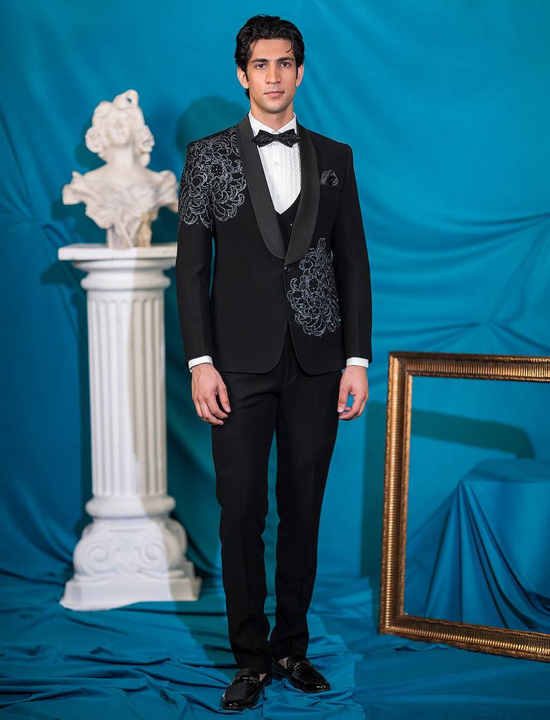 royal black floral print tuxedo with hand embroidery work