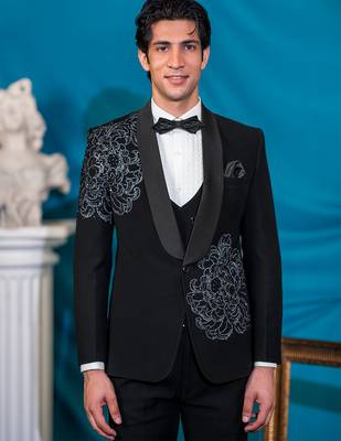 royal black floral print tuxedo with hand embroidery work 2