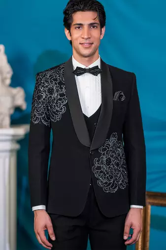 royal black floral print tuxedo with hand embroidery work