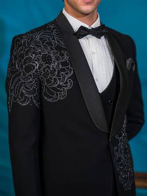 royal black floral print tuxedo with hand embroidery work 3