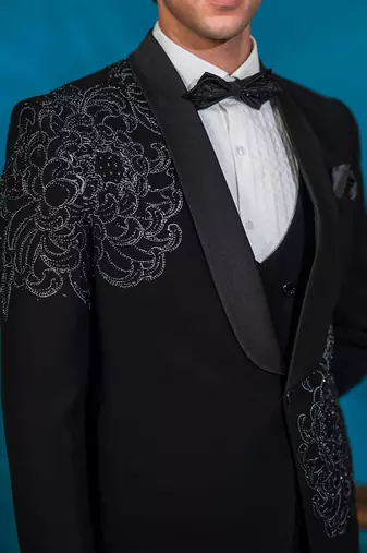royal black floral print tuxedo with hand embroidery work