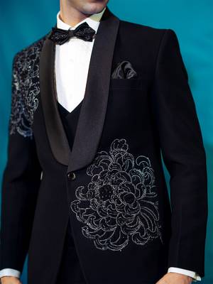 royal black floral print tuxedo with hand embroidery work 4
