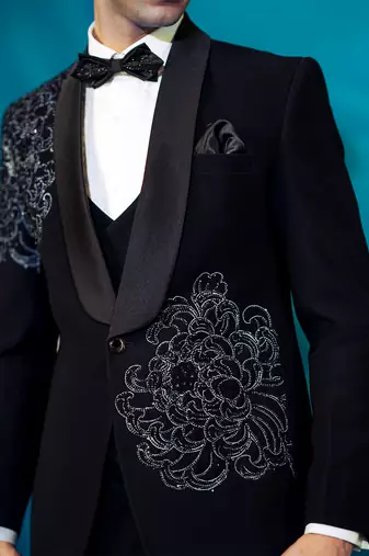 royal black floral print tuxedo with hand embroidery work