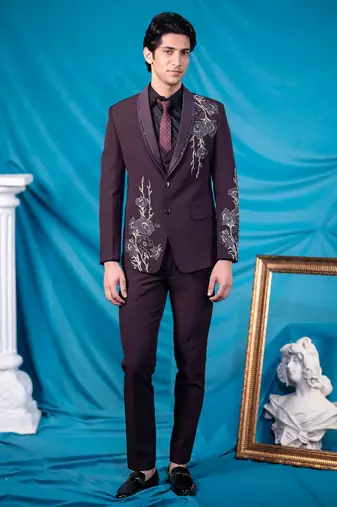 maroon floral design tuxedo with hand embroidery work