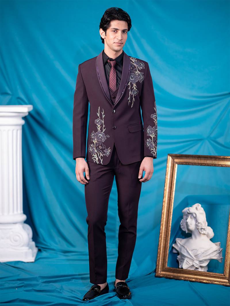 maroon floral design tuxedo with hand embroidery work