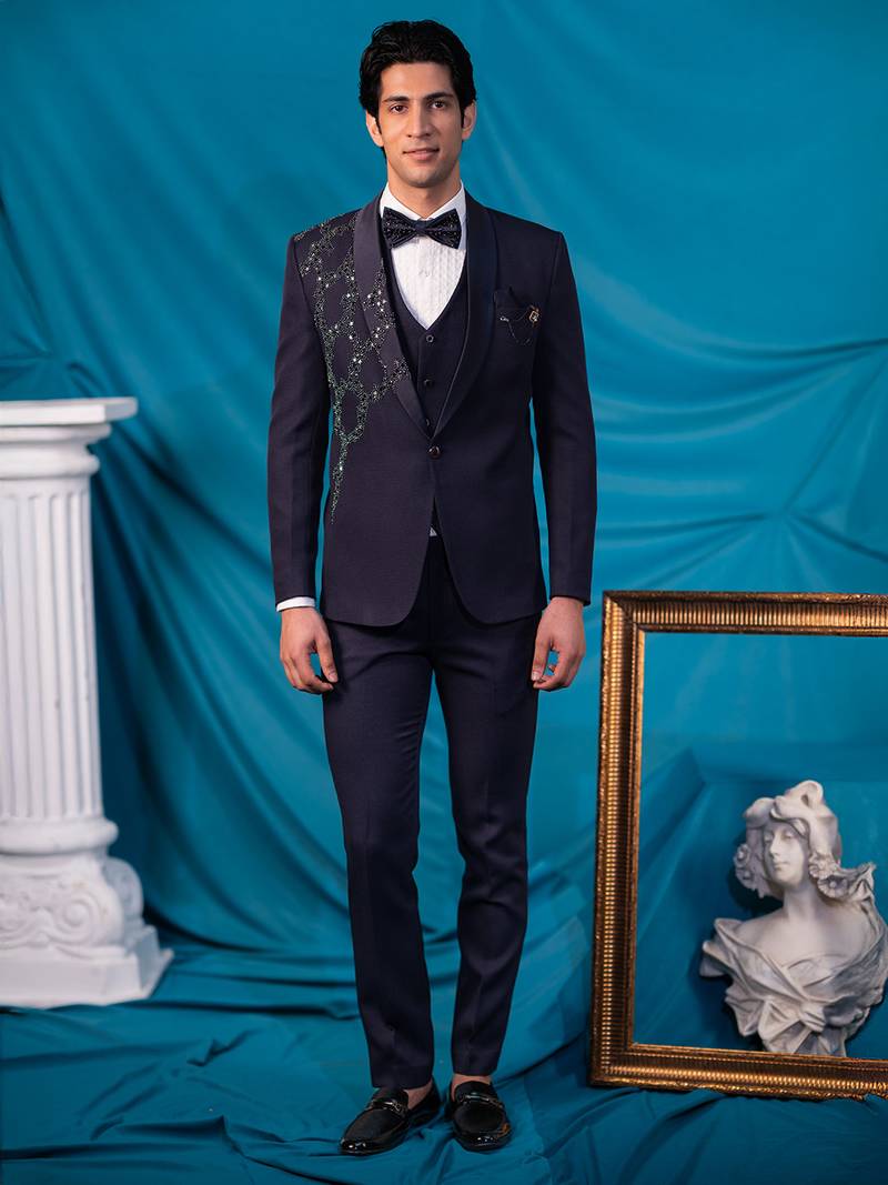 purple embroidered tuxedo for men wedding wear