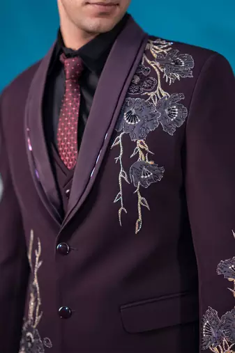 maroon floral design tuxedo with hand embroidery work
