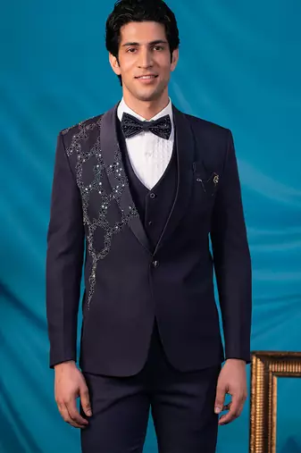 purple embroidered tuxedo for men wedding wear
