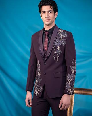 maroon floral design tuxedo with hand embroidery work 4