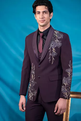 maroon floral design tuxedo with hand embroidery work