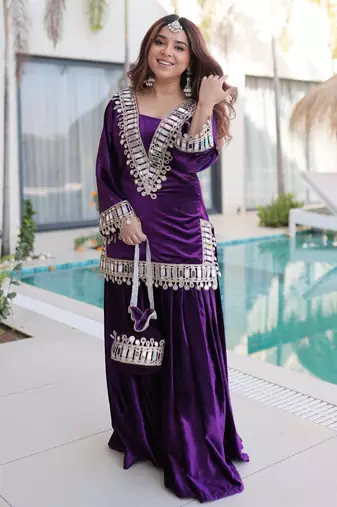 Purple velvet zari embroidered and mirror work kurta with palazzo