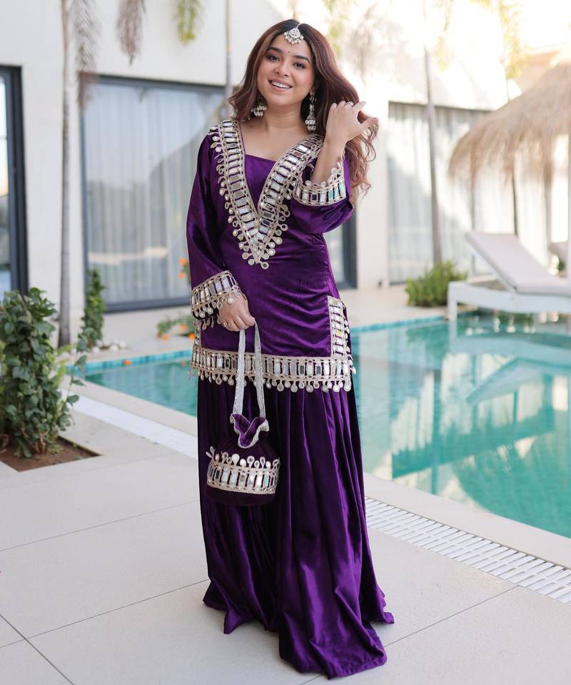 Purple velvet zari embroidered and mirror work kurta with palazzo