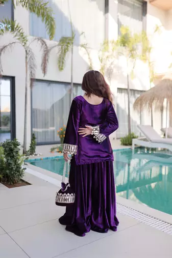 Purple velvet zari embroidered and mirror work kurta with palazzo