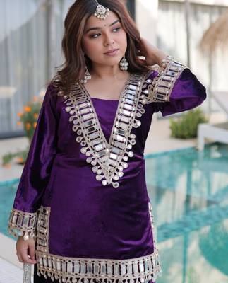 Purple velvet zari embroidered and mirror work kurta with palazzo 3