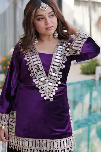 Purple velvet zari embroidered and mirror work kurta with palazzo