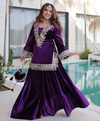 Purple velvet zari embroidered and mirror work kurta with palazzo 4
