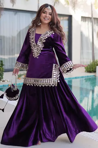 Purple velvet zari embroidered and mirror work kurta with palazzo