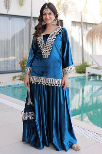 Rama velvet zari embroidered and mirror work kurta with palazzo