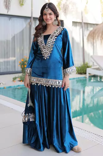 Rama velvet zari embroidered and mirror work kurta with palazzo