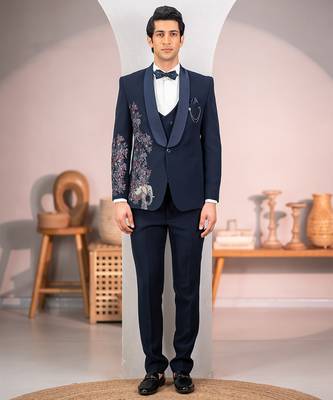 navy blue tuxedo with nature scenic print and hand embroidery 1