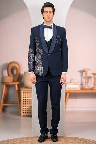 navy blue tuxedo with nature scenic print and hand embroidery