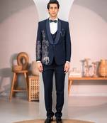 navy blue tuxedo with nature scenic print and hand embroidery