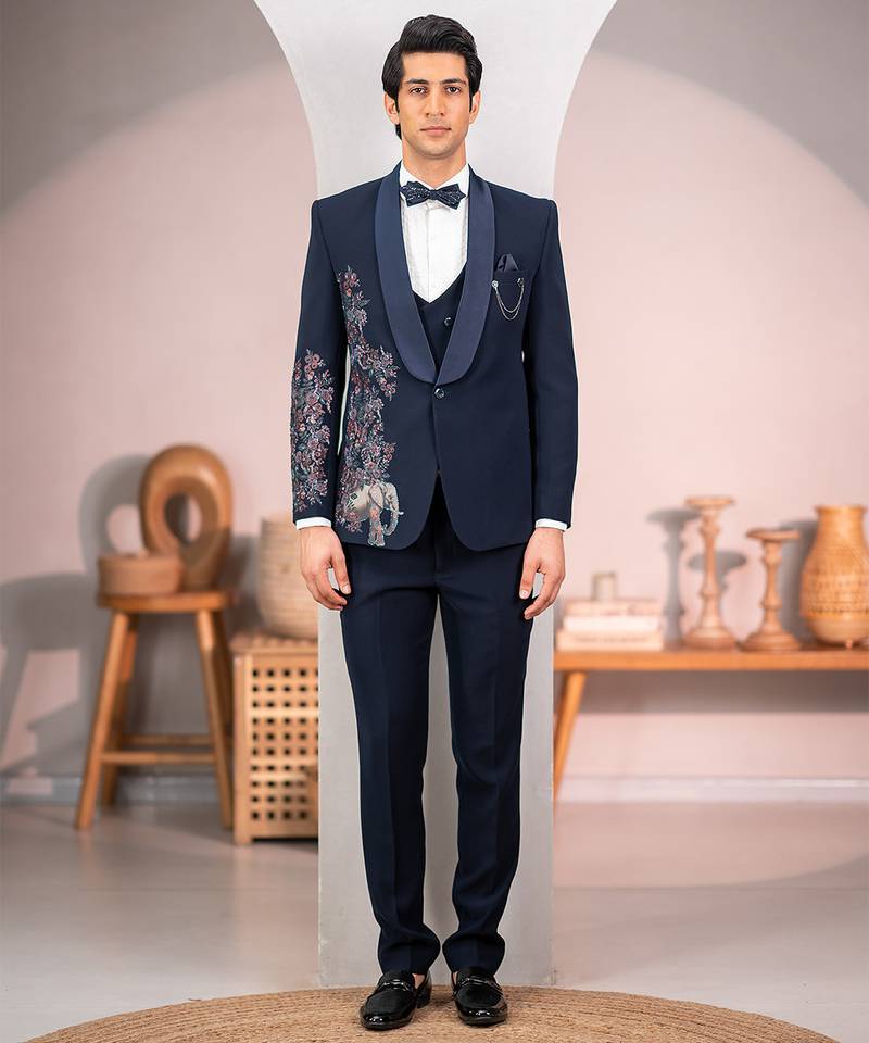 navy blue tuxedo with nature scenic print and hand embroidery