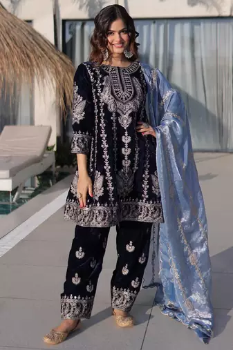 Navyblue velvet zari embroidered kurta with pant and heavy dupatta