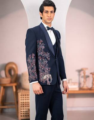 navy blue tuxedo with nature scenic print and hand embroidery 2