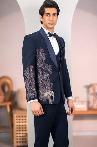 navy blue tuxedo with nature scenic print and hand embroidery