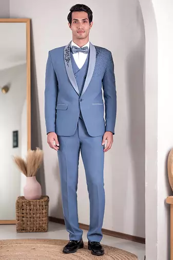 powder blue embroidered tuxedo with contemporary design