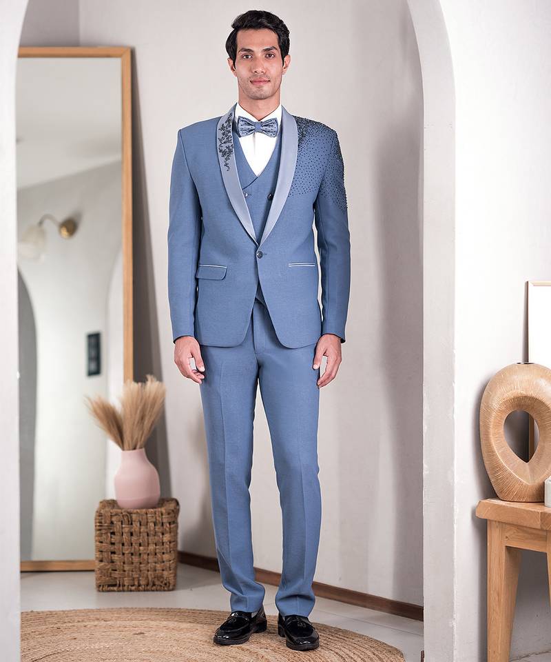 powder blue embroidered tuxedo with contemporary design