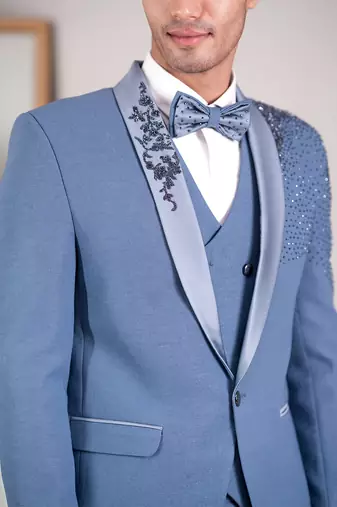 powder blue embroidered tuxedo with contemporary design