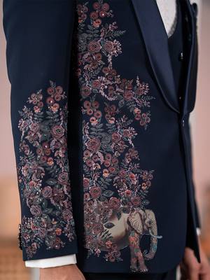 navy blue tuxedo with nature scenic print and hand embroidery 4