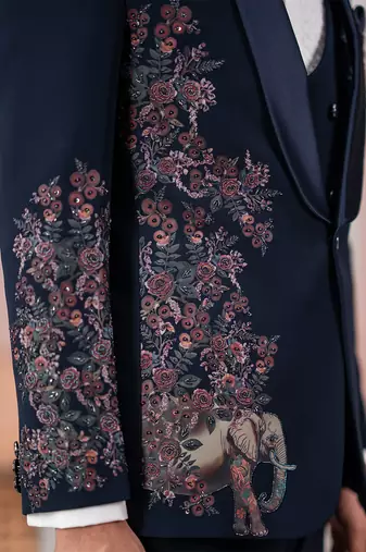 navy blue tuxedo with nature scenic print and hand embroidery