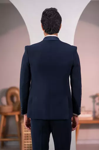 navy blue tuxedo with nature scenic print and hand embroidery