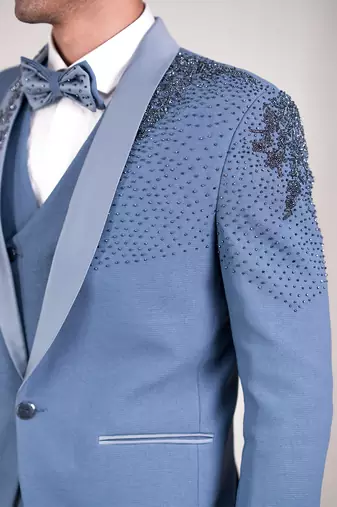 powder blue embroidered tuxedo with contemporary design