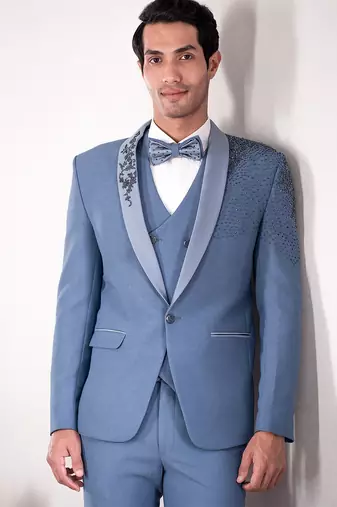 powder blue embroidered tuxedo with contemporary design