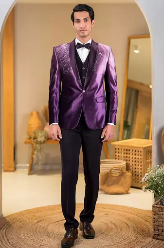 ombre purple velvet tuxedo with celestial star embroidery