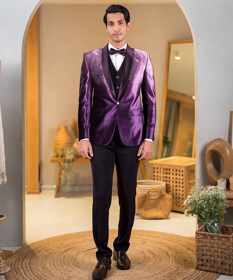 ombre purple velvet tuxedo with celestial star embroidery
