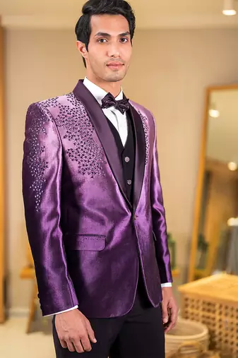 ombre purple velvet tuxedo with celestial star embroidery