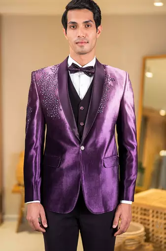 ombre purple velvet tuxedo with celestial star embroidery