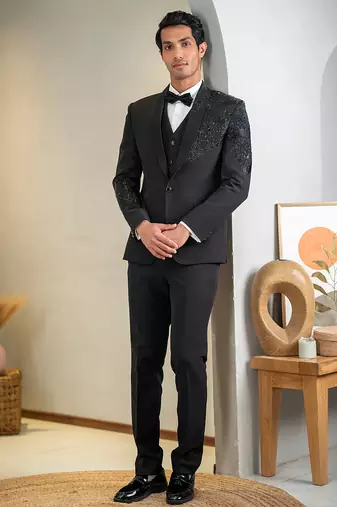 black embroidered tuxedo for men wedding wear