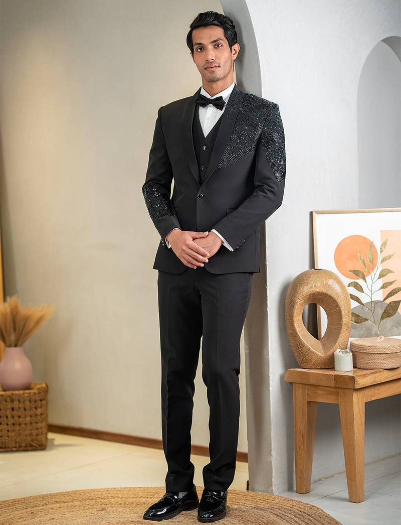 black embroidered tuxedo for men wedding wear