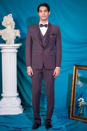 dusty maroon embroidered tuxedo for men