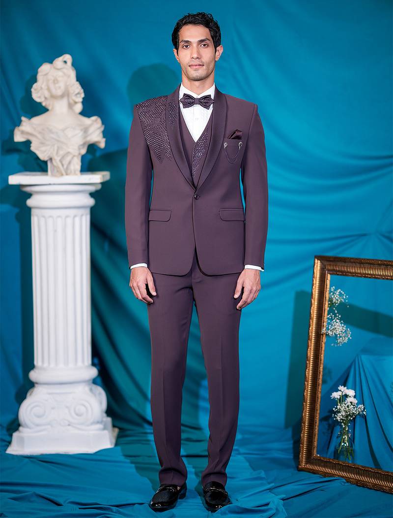dusty maroon embroidered tuxedo for men