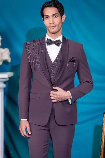dusty maroon embroidered tuxedo for men