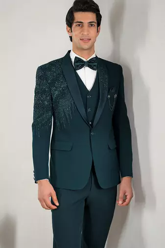peacock green embroidered tuxedo set for men