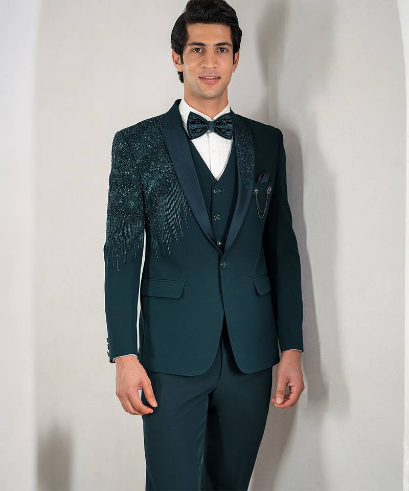 peacock green embroidered tuxedo set for men