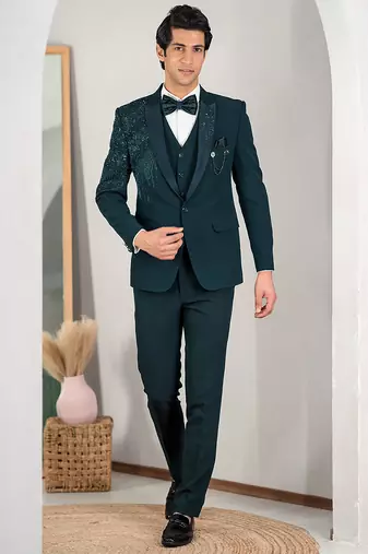 peacock green embroidered tuxedo set for men